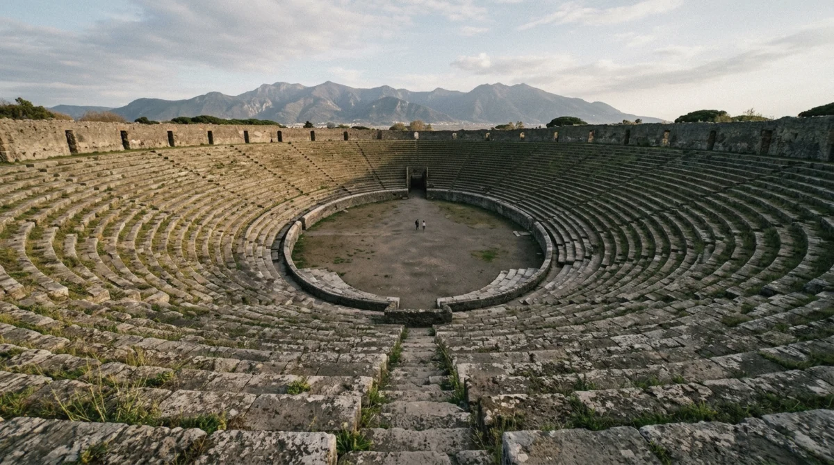 Empty stone tiers of the Pompeii amphitheatre at the eastern end of the site, beyond the reach of a Pompeii day trip from Naples, Italy