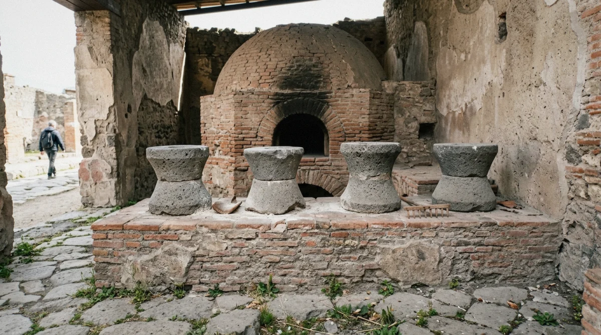 Lava millstones and a domed brick oven in a Roman bakery at Pompeii, seen on a Pompeii tour from Naples, Italy