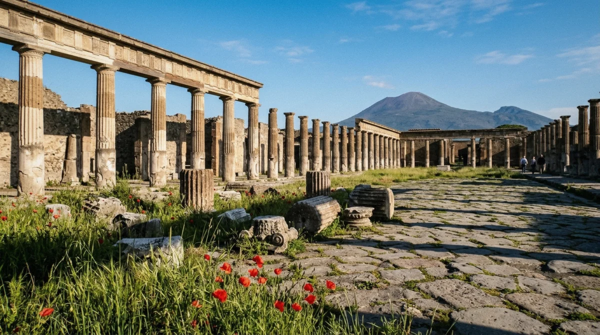 Poppies and long grass between the columns of the Pompeii Forum on a clear spring morning, the best time to visit Pompeii, Italy
