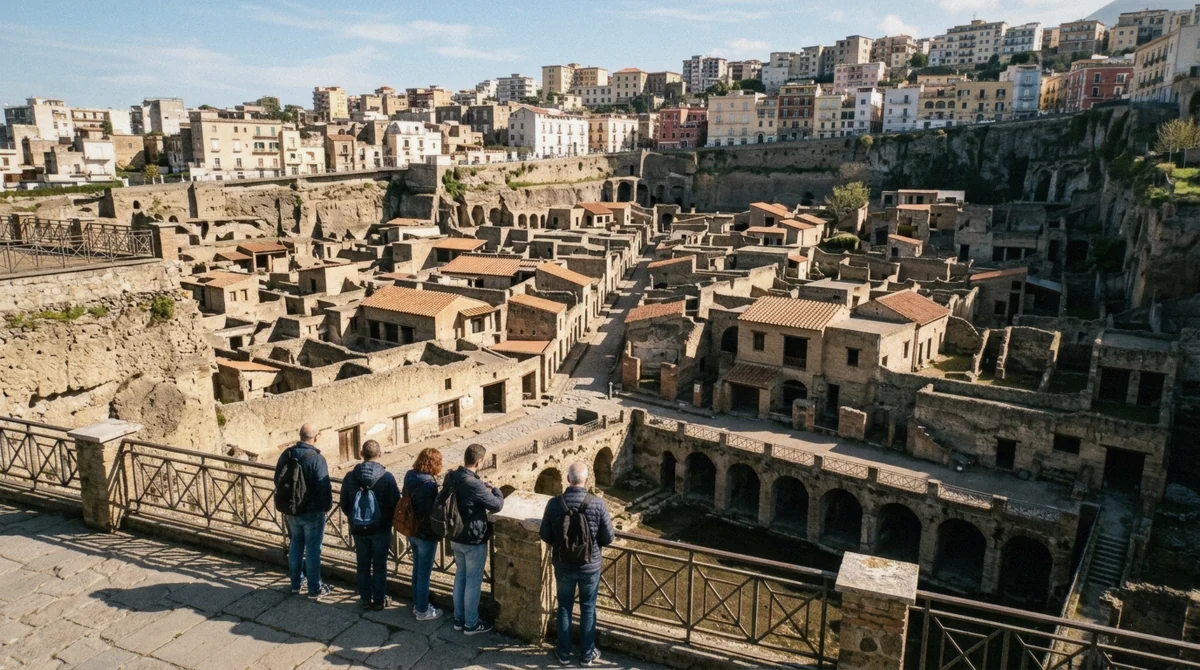 The excavated town of Herculaneum seen from the viewing terrace, compared with Pompeii on a day trip from Naples, Italy
