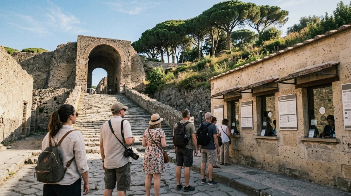 Visitors at the ticket office beside the Porta Marina entrance buying Pompeii tickets, Campania, Italy