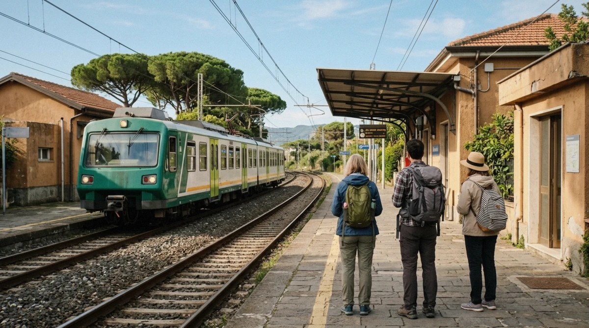 Circumvesuviana train arriving at Pompei Scavi station on the Naples to Pompeii train route, Campania, Italy