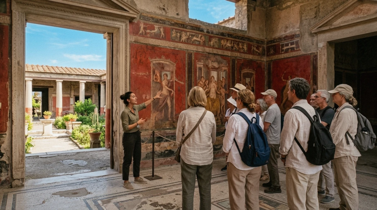 Guide explaining a frescoed wall to a small group at Pompeii, showing whether a guided tour of Pompeii is worth it, Italy