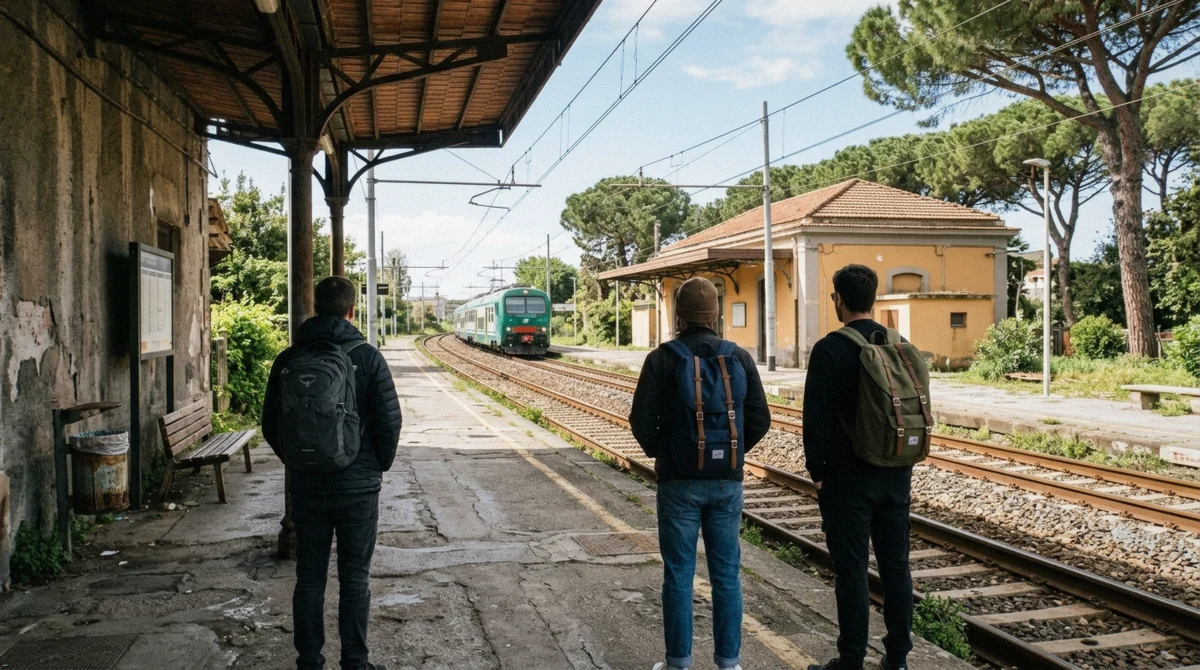 Travellers waiting on the platform at Pompei Villa dei Misteri for the Circumvesuviana train to Naples, Italy
