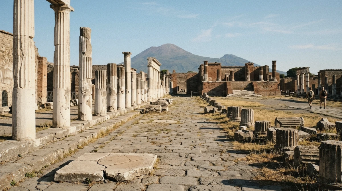 The Forum of Pompeii with the columns of the Temple of Jupiter and Mount Vesuvius behind, on a Pompeii tour from Naples, Italy