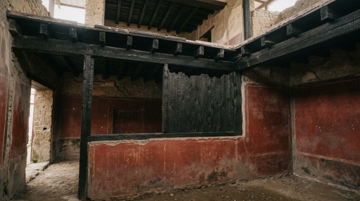 Carbonised wooden roof beams and a charred screen inside a house at Herculaneum, on a Pompeii and Herculaneum tour from Naples, Italy