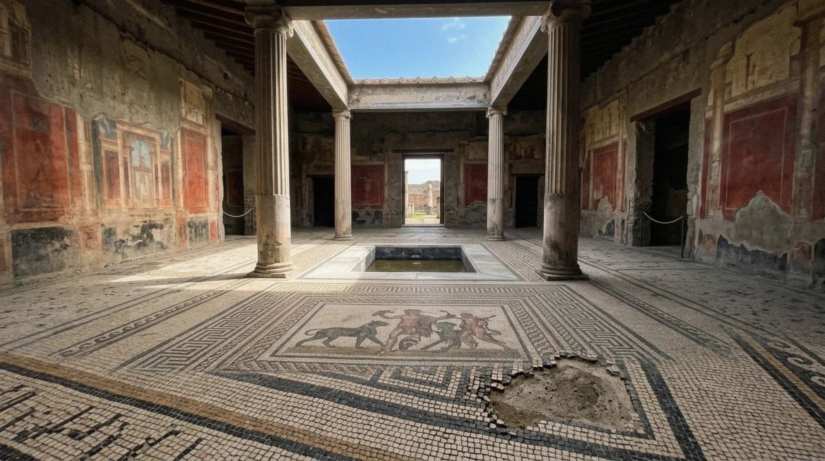 Geometric floor mosaic and columned atrium in a Pompeii house, seen on a Pompeii tour from Naples, Italy