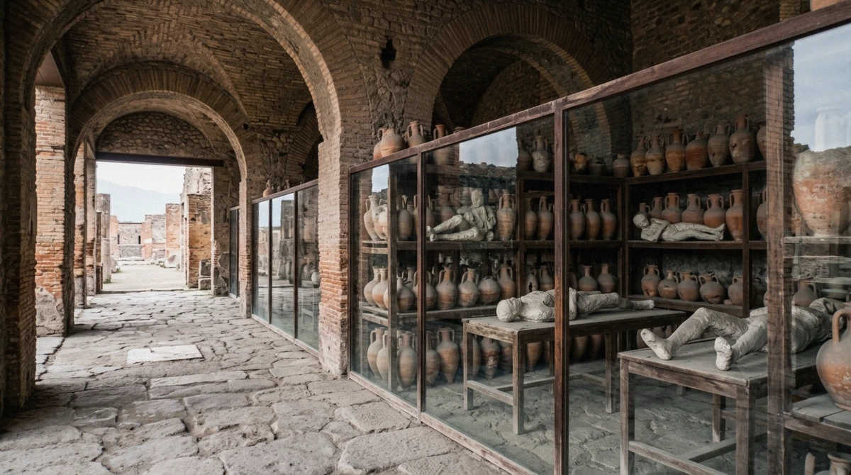 Plaster casts of victims displayed behind glass in the Pompeii granary, seen on a Pompeii tour from Naples, Italy